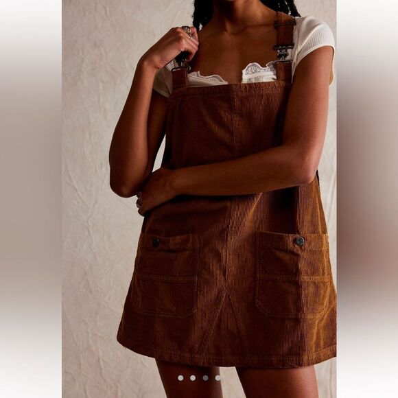 Free People Overall Smock Mini Corduroy Top Mini Dress Bronze Brown S - Picture 9 of 10